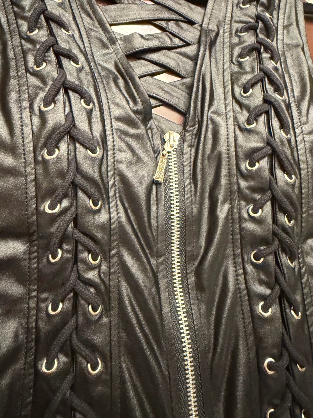 Oh Yes! Faux Leather Front Lace-Up Zip-Up Corset Top - Picture 7 of 11